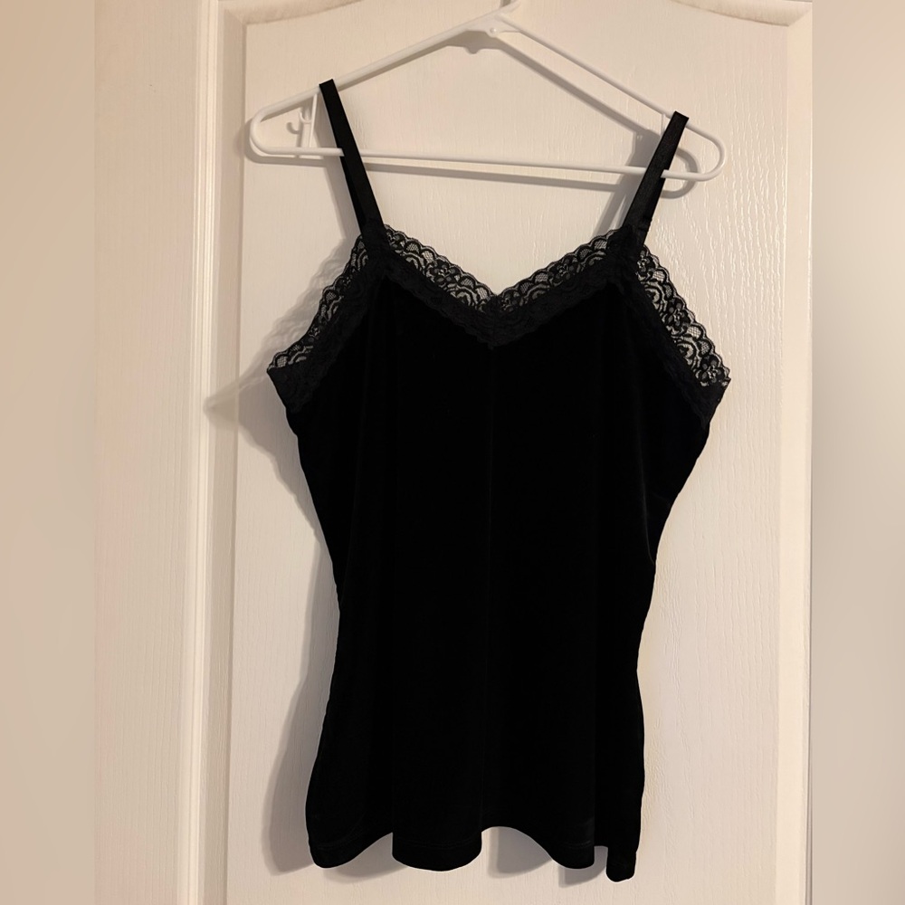 Susan Graver Camisole Women M Black Excellent Velvet Lace Trim V-Neck Strappy